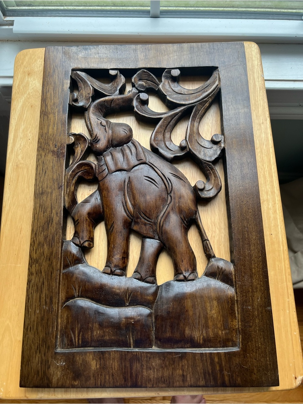 Hand-Carved Elephant Wall Panel in Dark Brown Wood